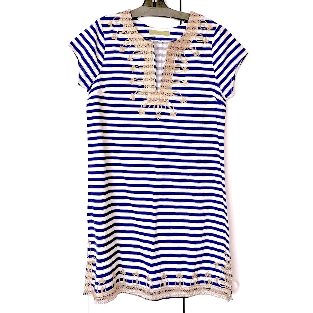 Rhapsodic blue and white striped tunic with gold embroidered neckline